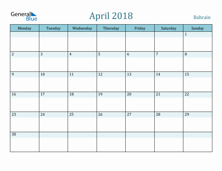 April 2018 Calendar with Holidays