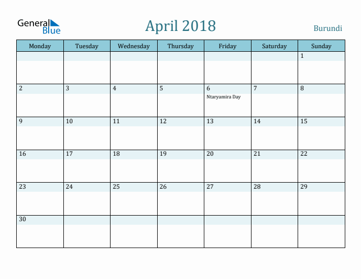 April 2018 Calendar with Holidays