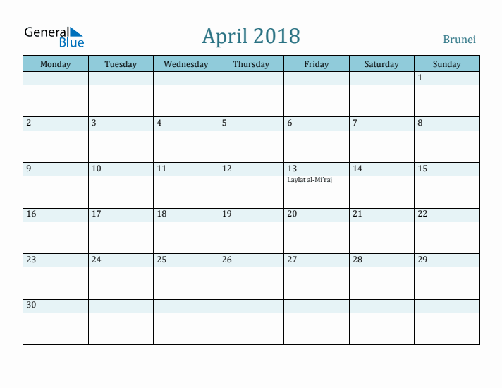 April 2018 Calendar with Holidays