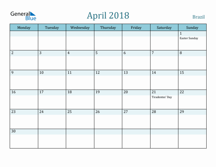 April 2018 Calendar with Holidays