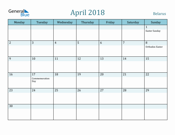 April 2018 Calendar with Holidays