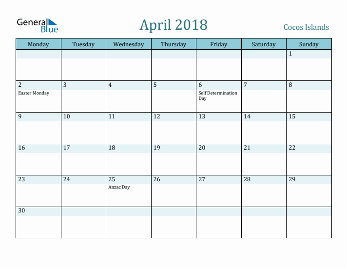 April 2018 Calendar with Holidays