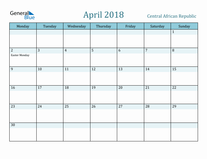 April 2018 Calendar with Holidays