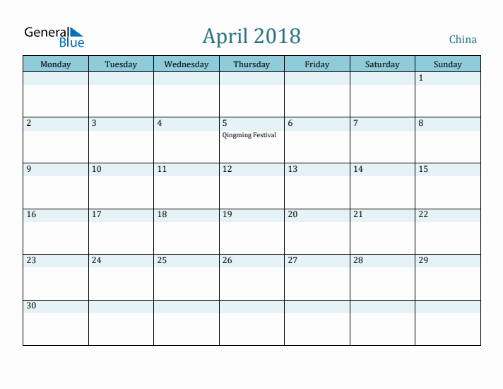 April 2018 Calendar with Holidays