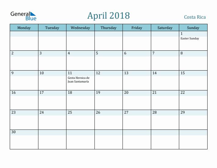 April 2018 Calendar with Holidays