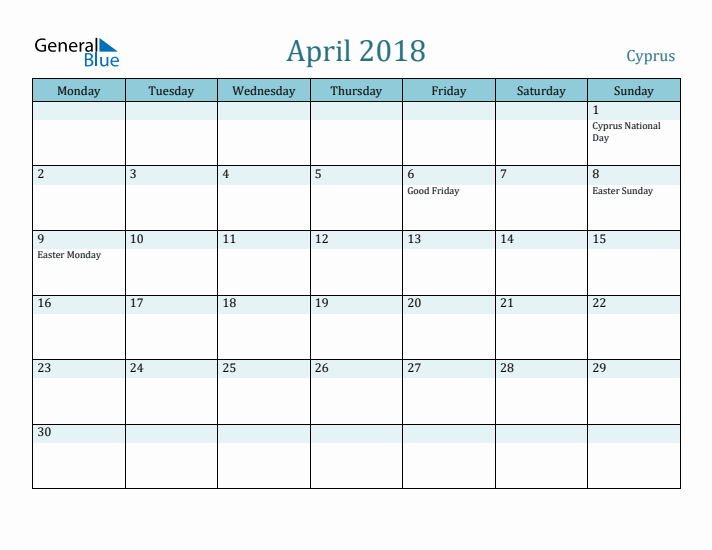 April 2018 Calendar with Holidays