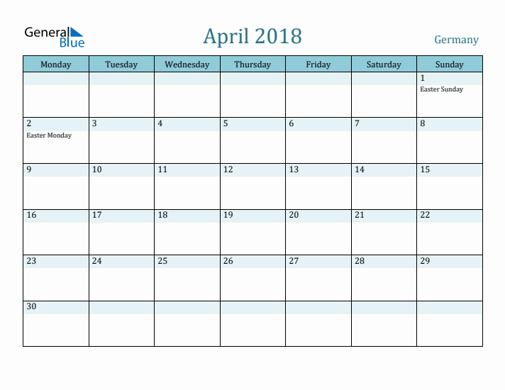 April 2018 Calendar with Holidays