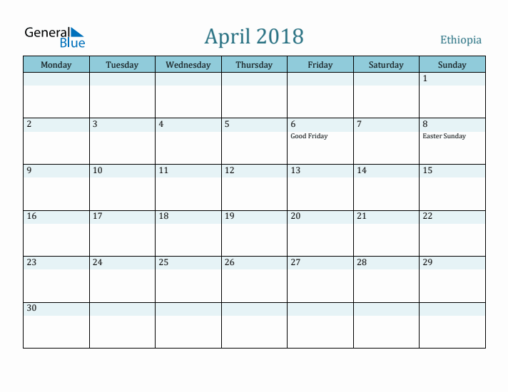 April 2018 Calendar with Holidays