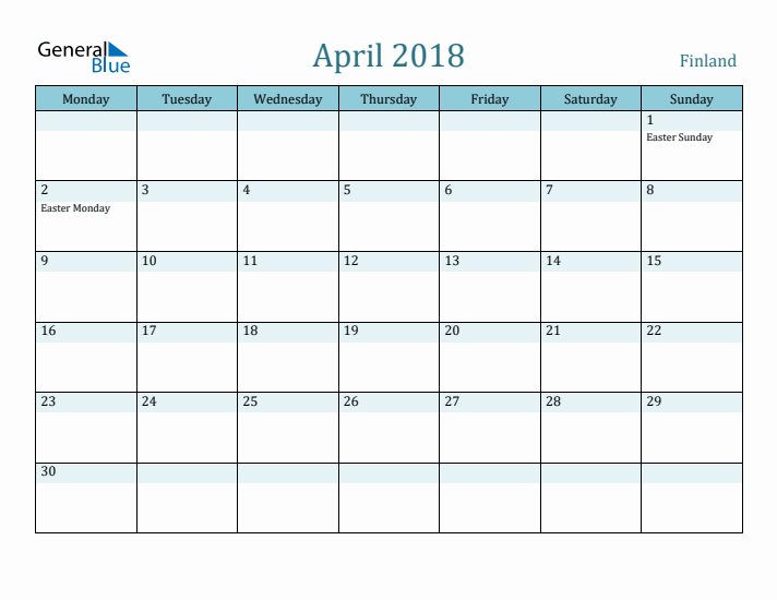 April 2018 Calendar with Holidays