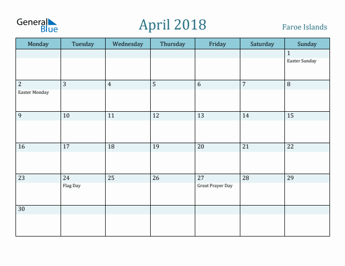 April 2018 Calendar with Holidays