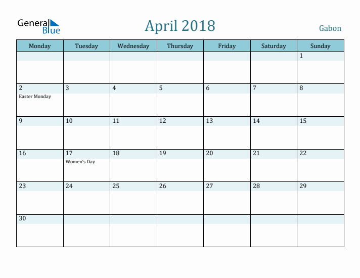 April 2018 Calendar with Holidays