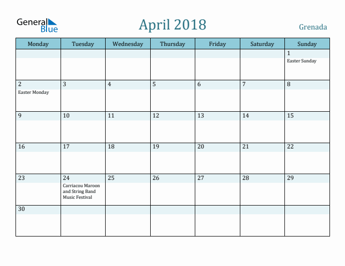 April 2018 Calendar with Holidays