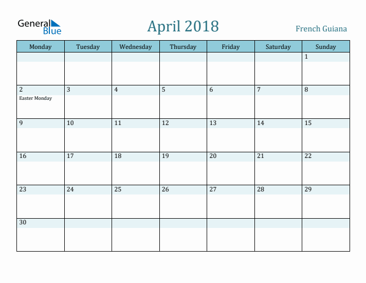 April 2018 Calendar with Holidays