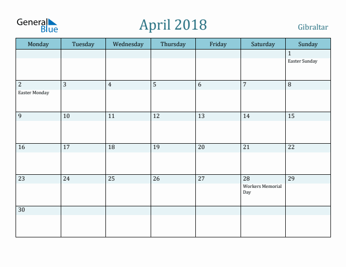 April 2018 Calendar with Holidays