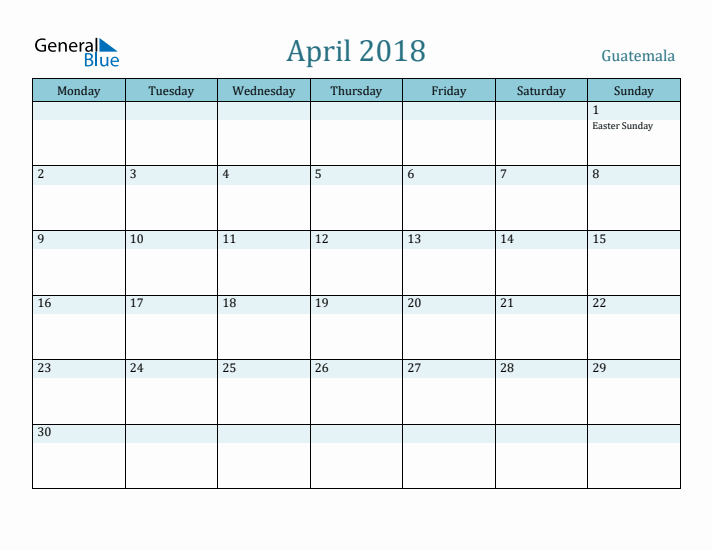 April 2018 Calendar with Holidays