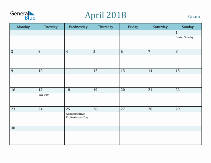 April 2018 Calendar with Holidays