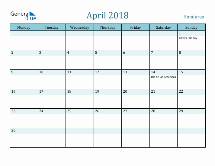 April 2018 Calendar with Holidays