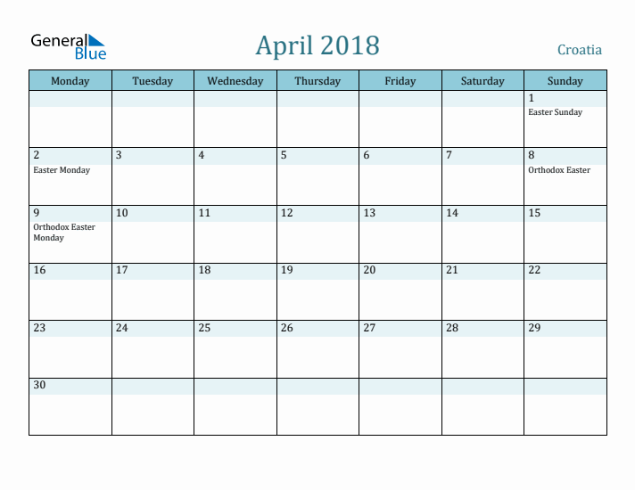 April 2018 Calendar with Holidays