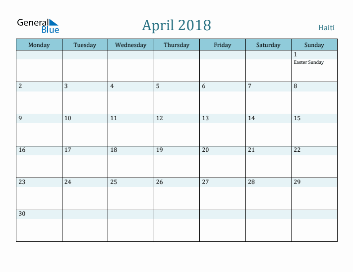 April 2018 Calendar with Holidays