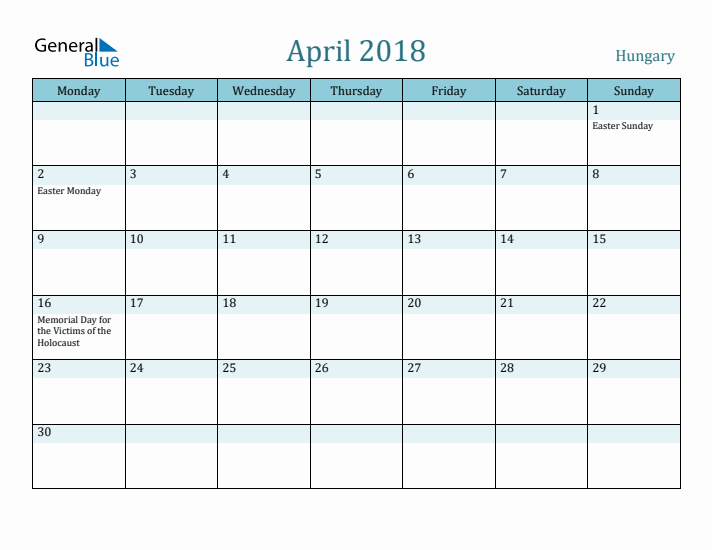 April 2018 Calendar with Holidays