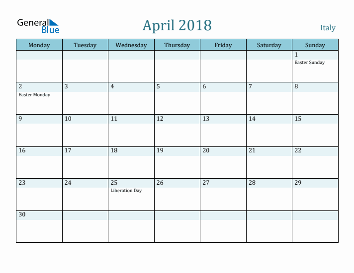 April 2018 Calendar with Holidays