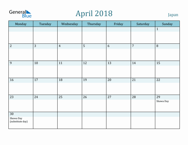 April 2018 Calendar with Holidays