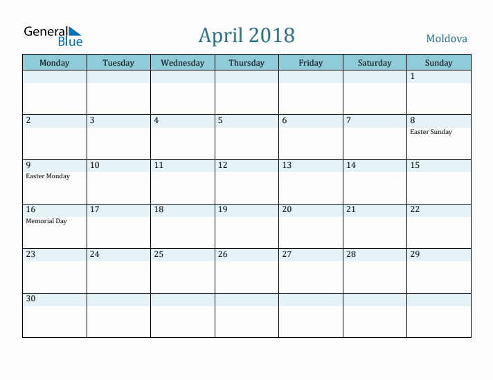 April 2018 Calendar with Holidays