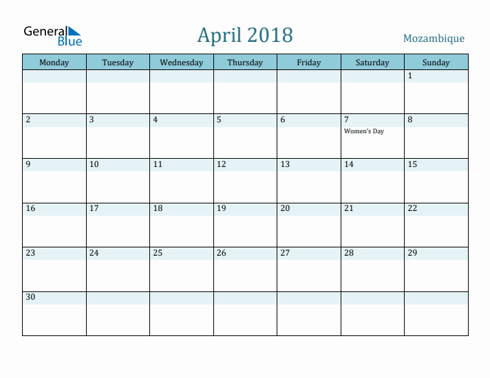 April 2018 Calendar with Holidays