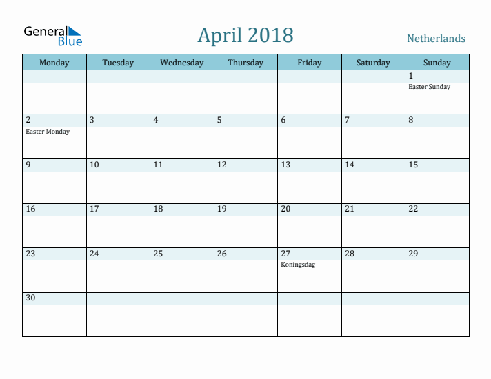 April 2018 Calendar with Holidays