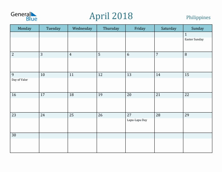 April 2018 Calendar with Holidays