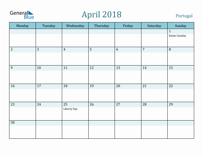 April 2018 Calendar with Holidays