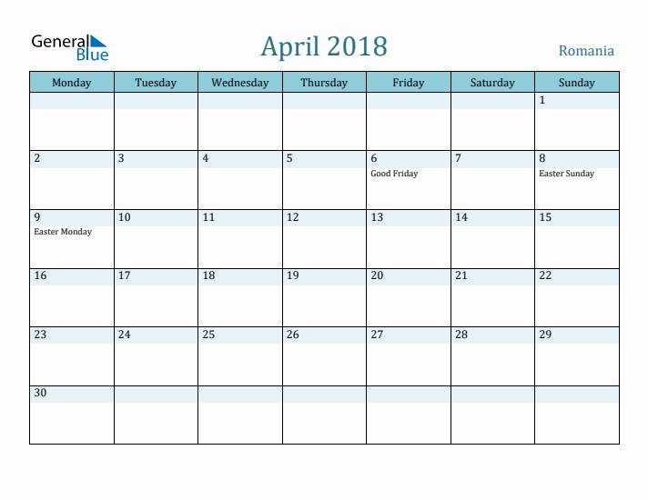 April 2018 Calendar with Holidays