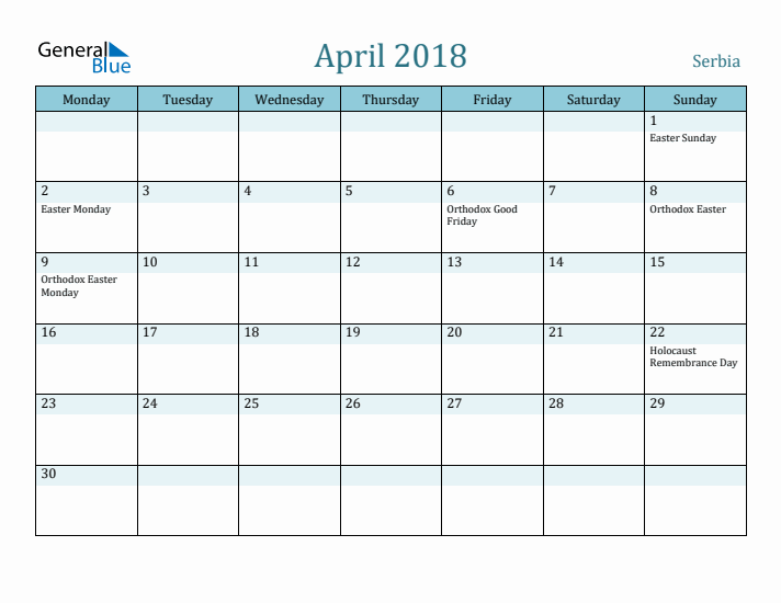 April 2018 Calendar with Holidays