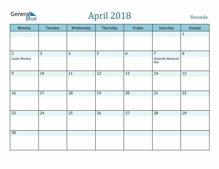 April 2018 Calendar with Holidays