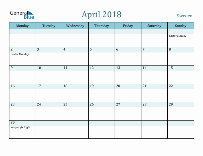 April 2018 Calendar with Holidays