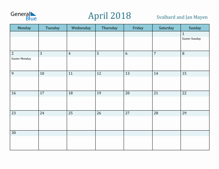 April 2018 Calendar with Holidays