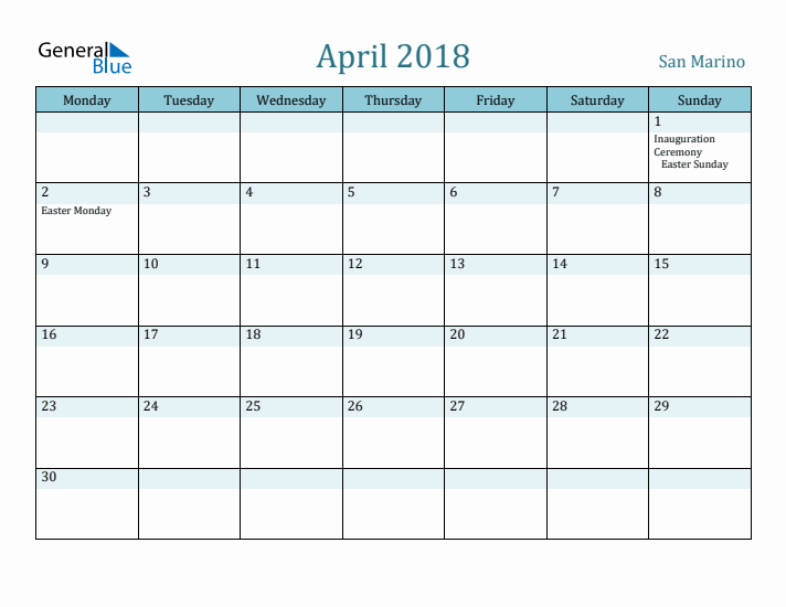 April 2018 Calendar with Holidays