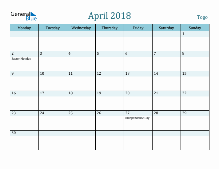 April 2018 Calendar with Holidays