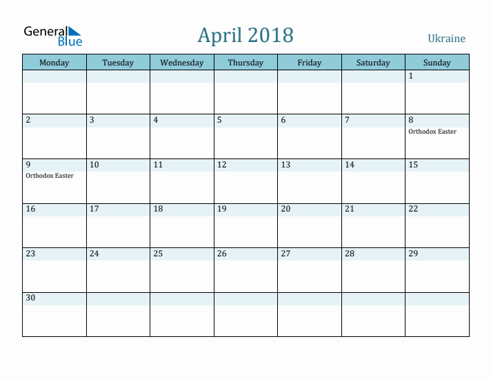 April 2018 Calendar with Holidays