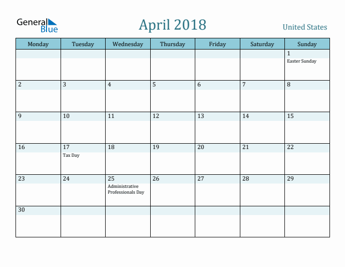 April 2018 Calendar with Holidays