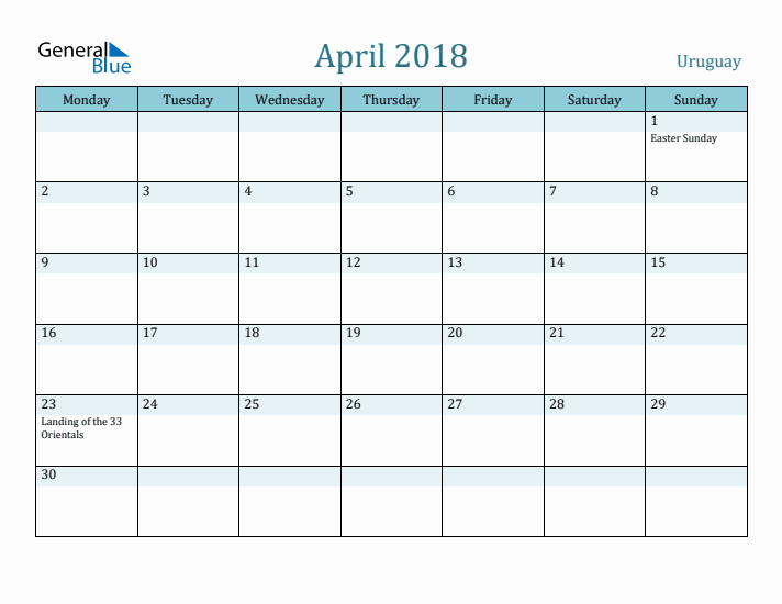 April 2018 Calendar with Holidays