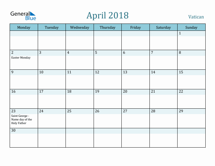 April 2018 Calendar with Holidays