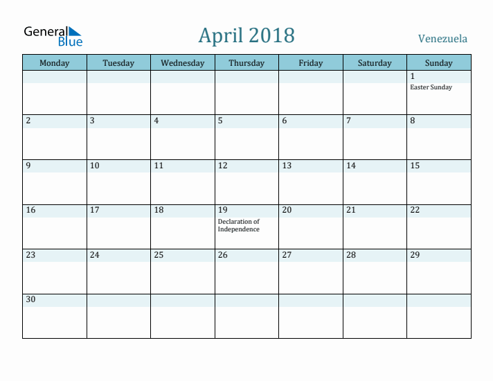 April 2018 Calendar with Holidays