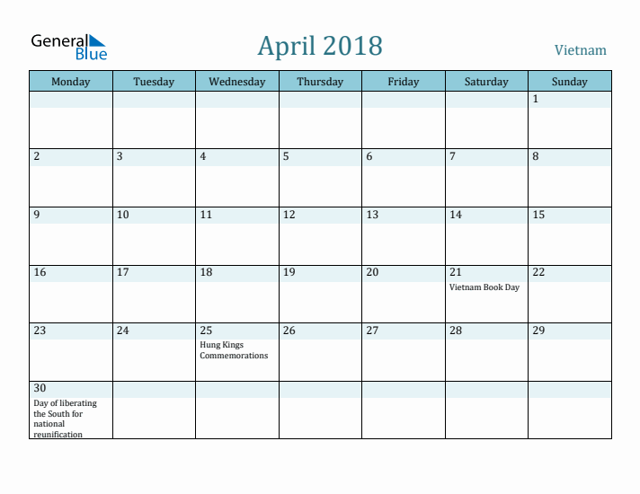 April 2018 Calendar with Holidays