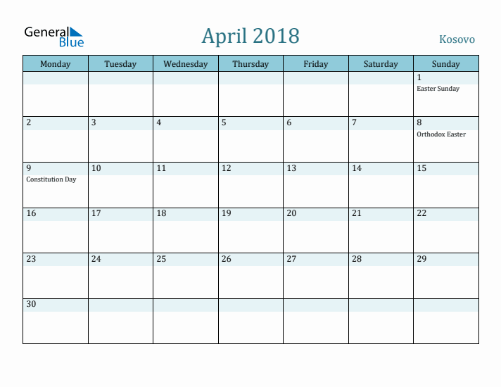 April 2018 Calendar with Holidays