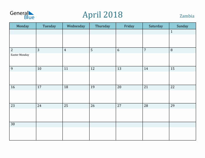 April 2018 Calendar with Holidays