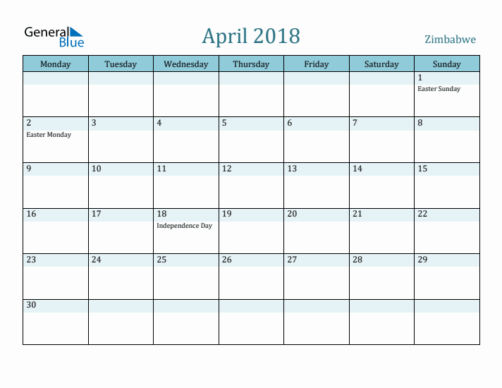 April 2018 Calendar with Holidays