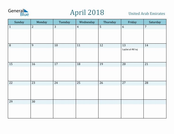 April 2018 Calendar with Holidays