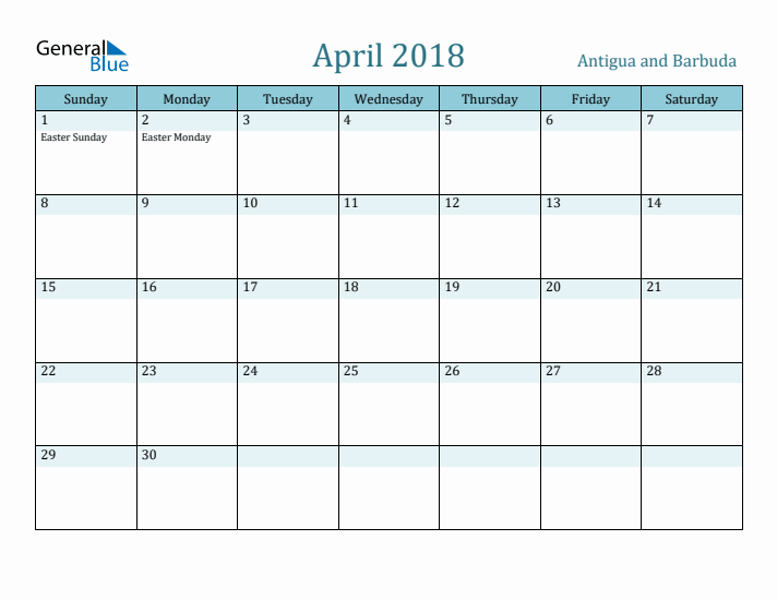 April 2018 Calendar with Holidays