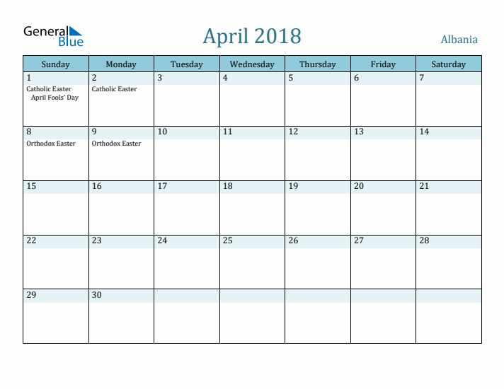 April 2018 Calendar with Holidays